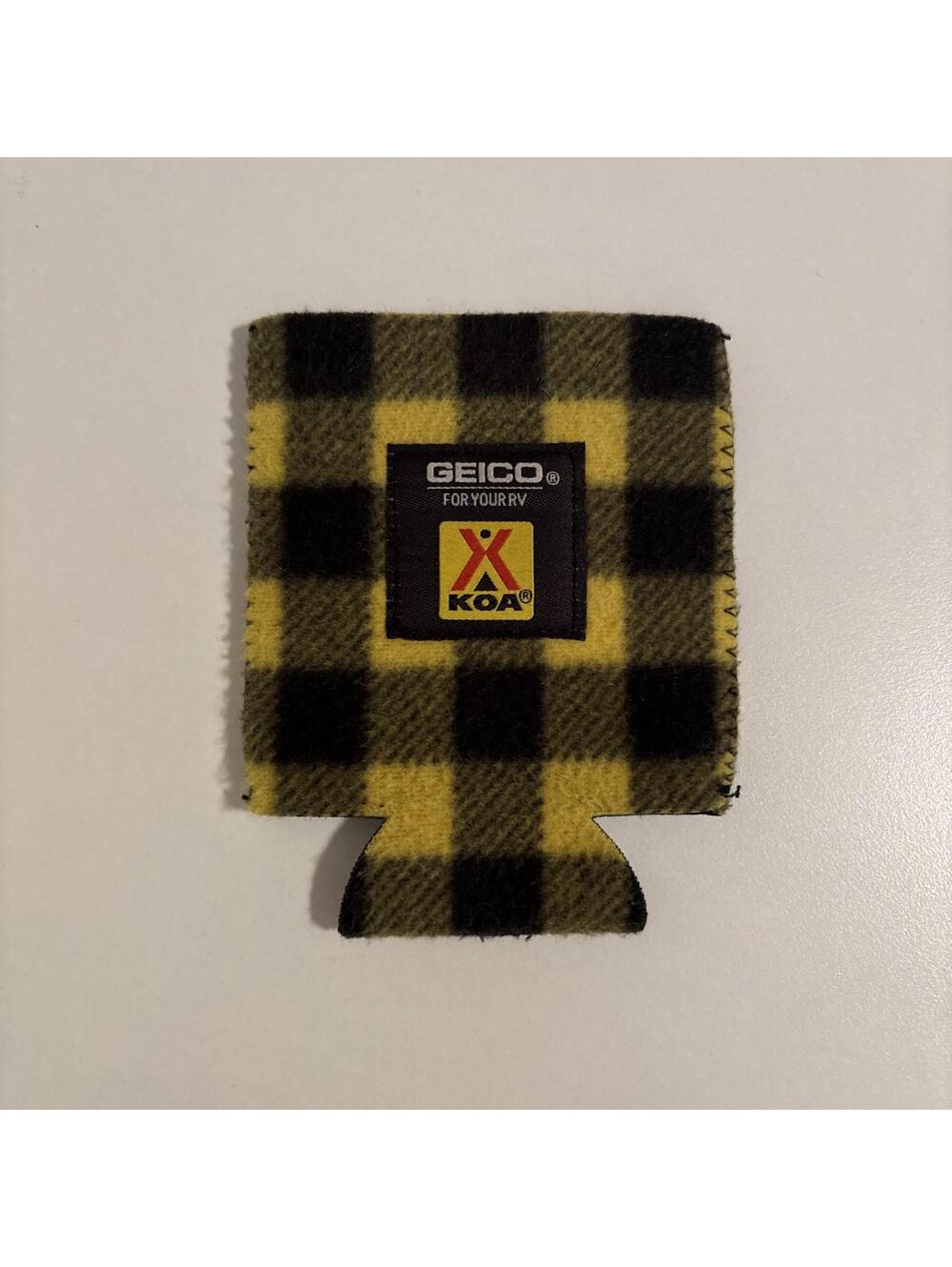 Geico KOA Drink Koozie Can Holder Your RV Yellow black Plaid Flannel Camp USA